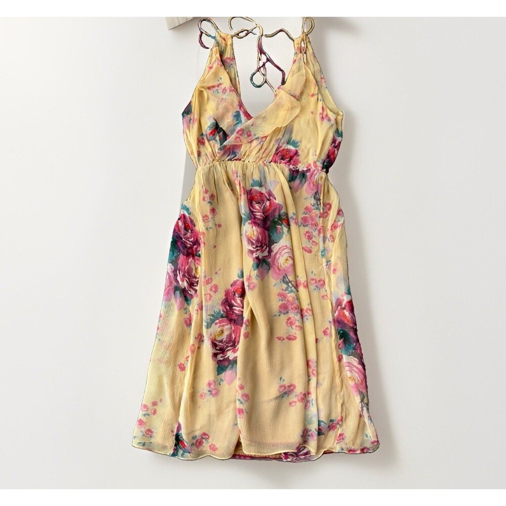 Anthropologie Meadow Rue Silk Floral Dress Size 0 Yellow Ruffle Romantic